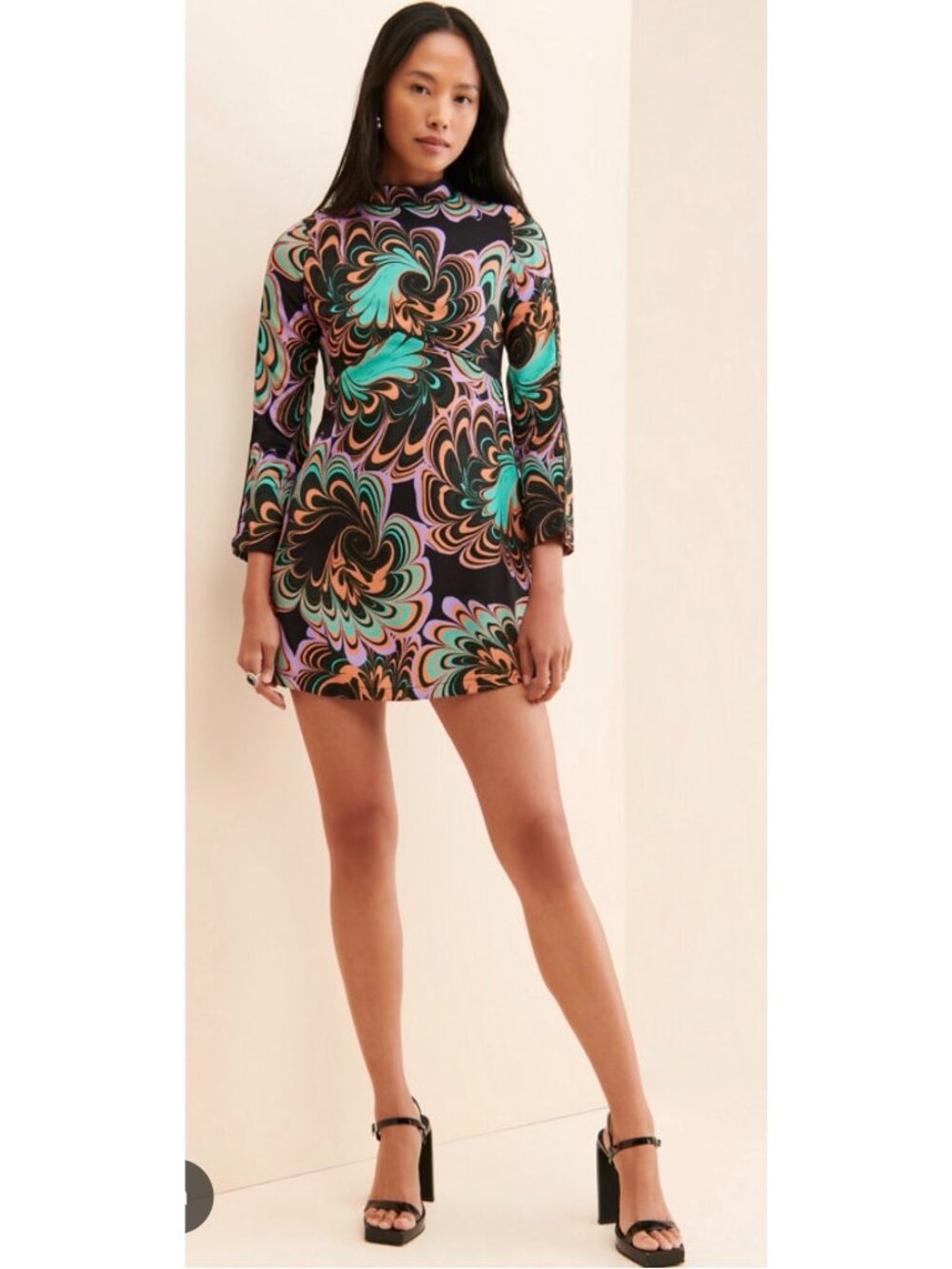 Untitled In Motion Potens Swirl Psychedelic Mini Dress XS Long Sleeve 70s Retro
